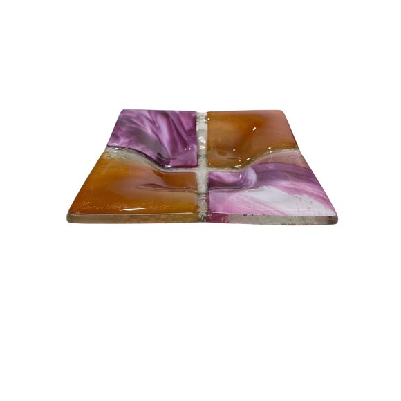 Studio Fused Art Deco Glass Square Trinket Key Jewelry Dish - Signed by Artist - Picture 3 of 11